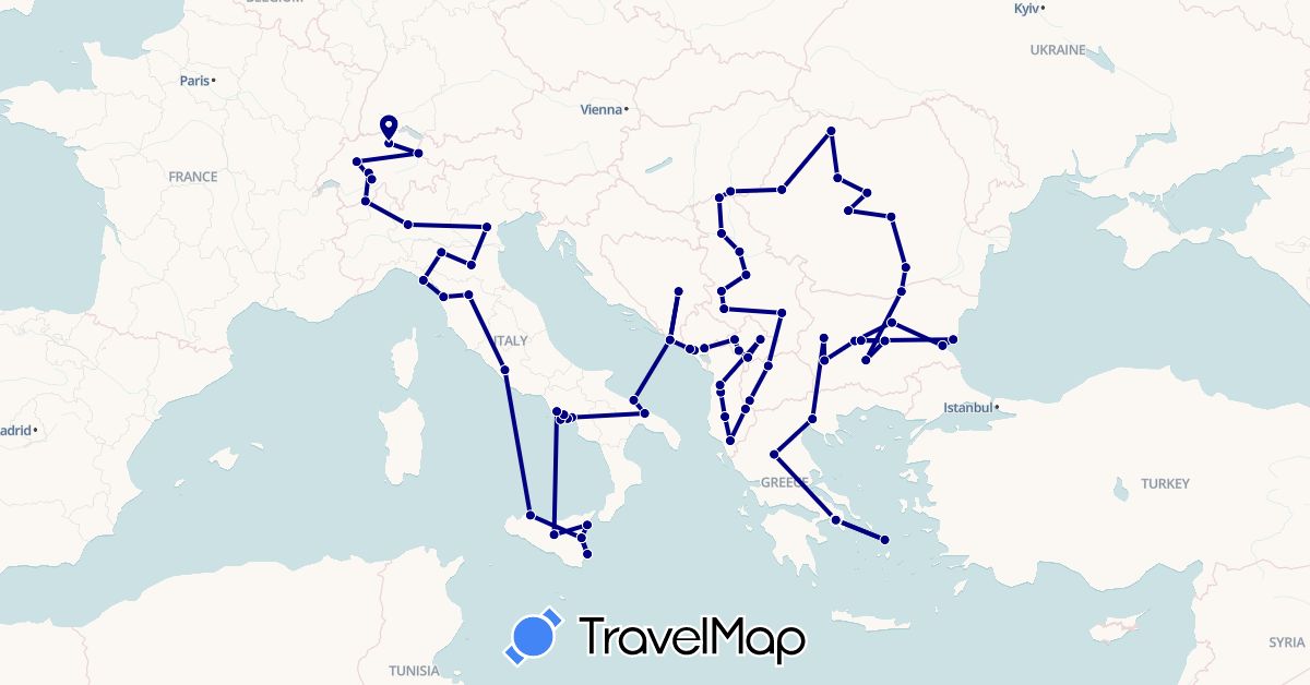 TravelMap itinerary: driving in Albania, Bosnia and Herzegovina, Bulgaria, Switzerland, Greece, Croatia, Hungary, Italy, Liechtenstein, Montenegro, Macedonia, Romania, Serbia, Kosovo (Europe)